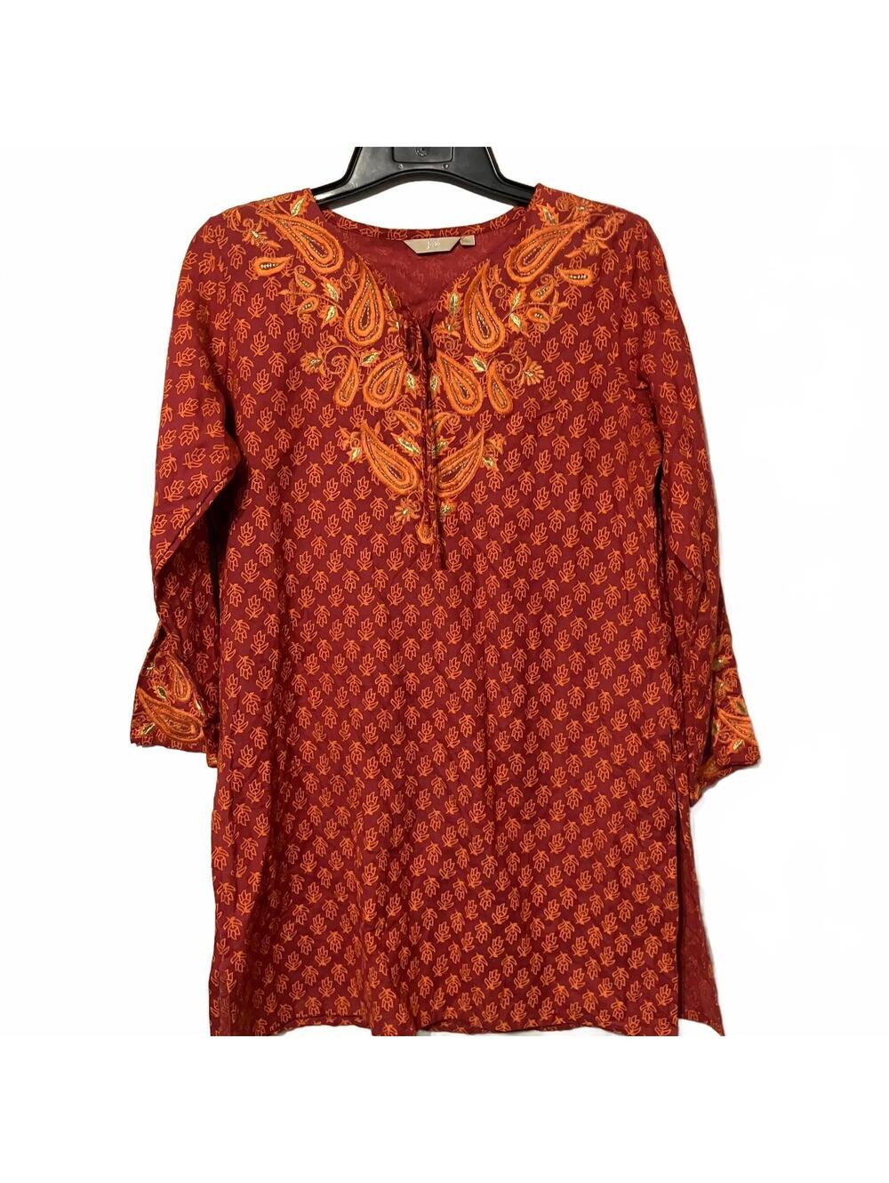 Jole Women's Bohemian Chic Resort Wear Embroidered Red Orange Paisley Tunic XL